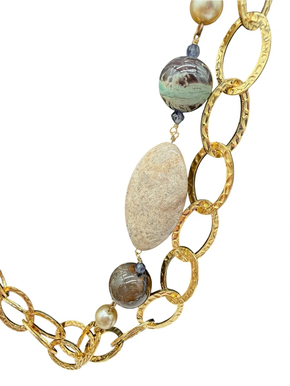 David Aubrey Vintage 18K Gold Plated HammeredChain Necklace w/ Real Stone
